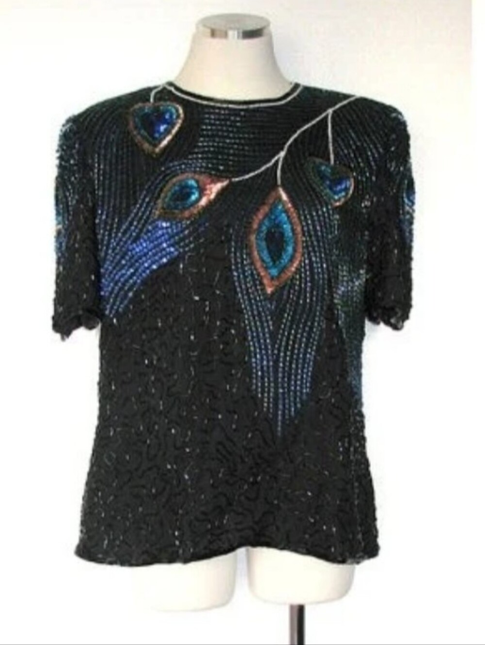 Laurence Kazar Vintage  Black Top with Blue and Teal Beaded Peacock Accents